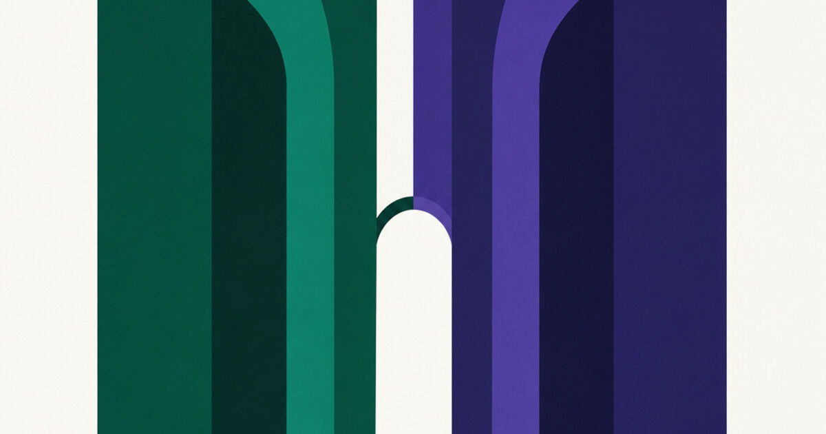 Emerald and indigo archways converging on a shared doorway of light
