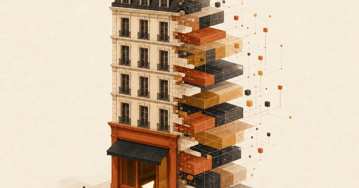 Isometric shopfront dissolving into stacked terracotta data blocks as a glowing agent cursor enters the doorway
