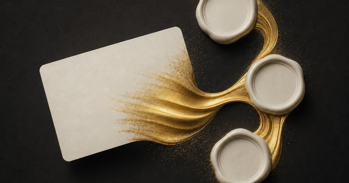 Blank pearl payment card flowing into a gold ribbon connecting three seal-like discs
