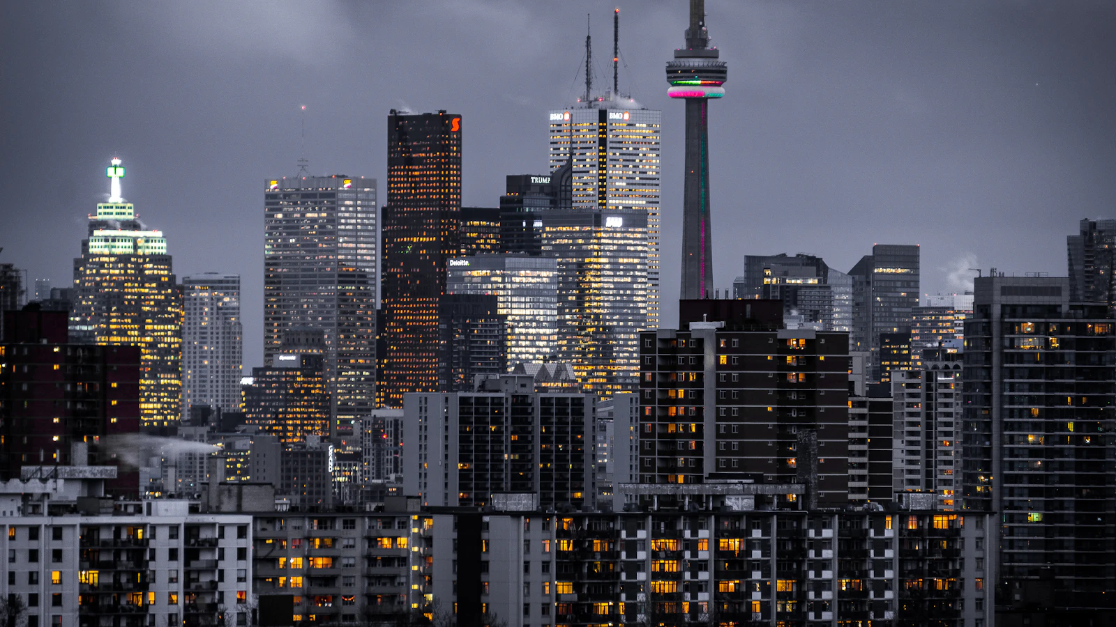 Illuminated city skyline at dusk
