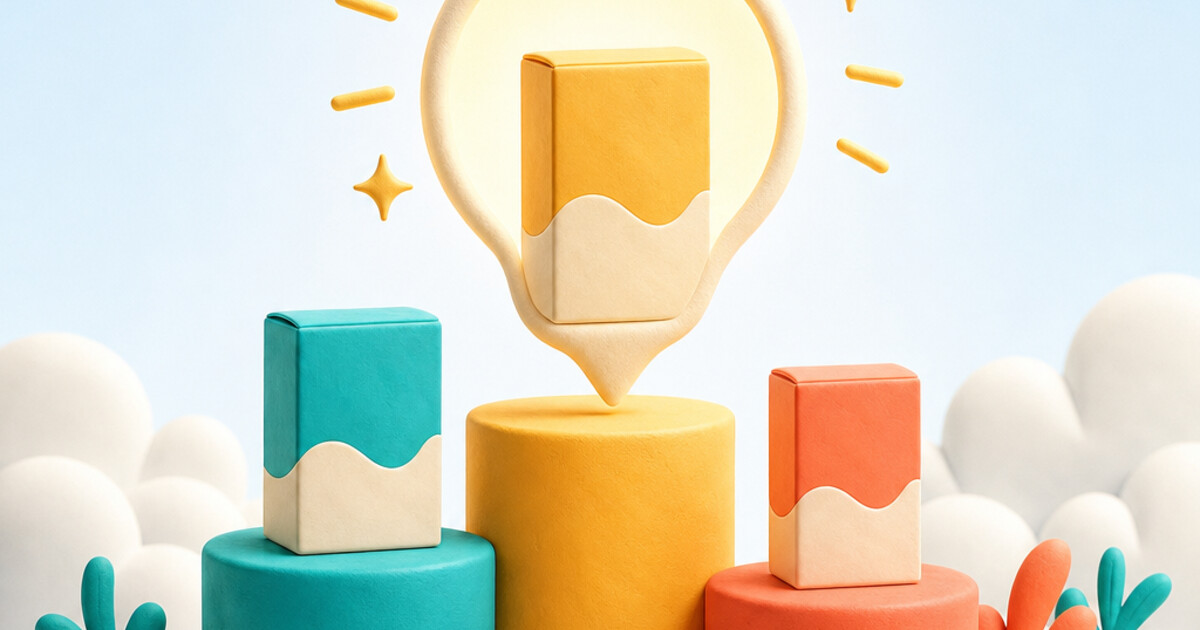 Three colourful product boxes on a clay podium beneath a speech-bubble spotlight