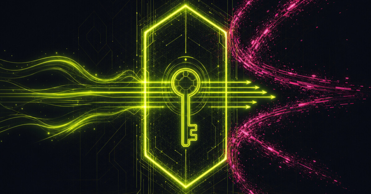 Neon hexagonal shield admitting lime agent signals and deflecting magenta scraper signals