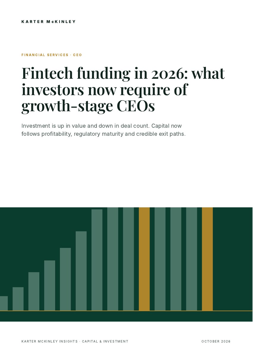 Front cover of Fintech funding in 2026: what investors now require of growth-stage CEOs